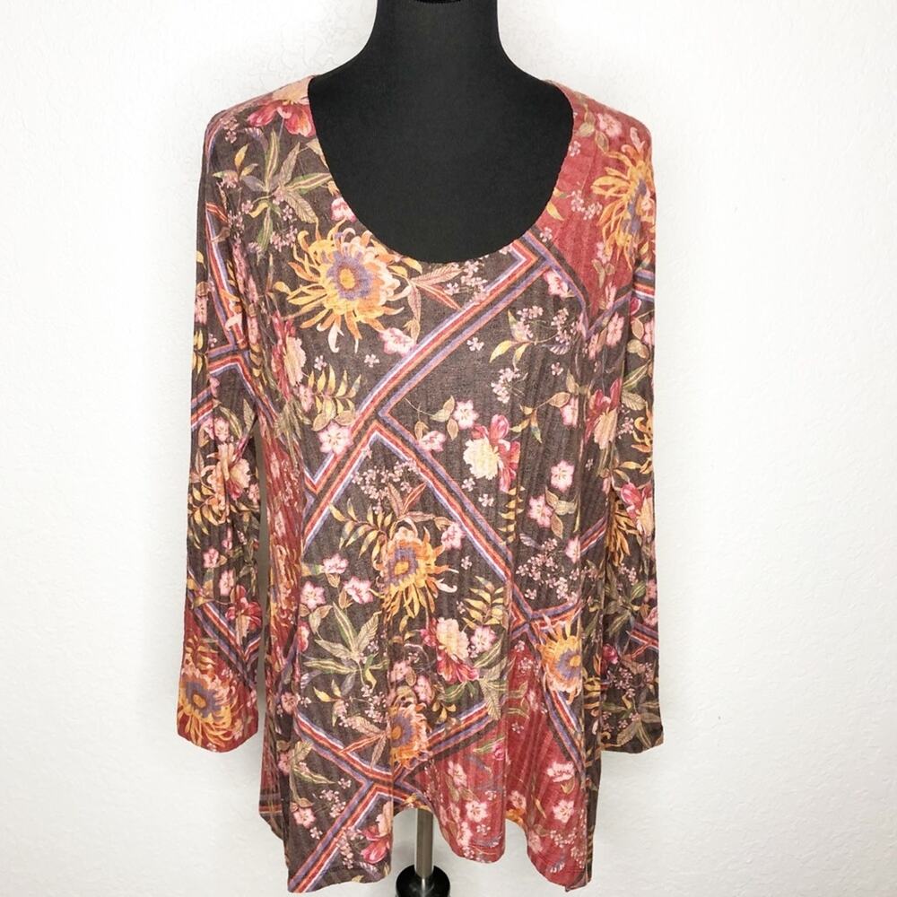 Soft Surroundings orange brown floral ribbed knit tunic top size Large